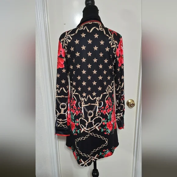 #00953 Floral Striped Button-Up Shirt Dress With Scarf - Picture 4 of 7